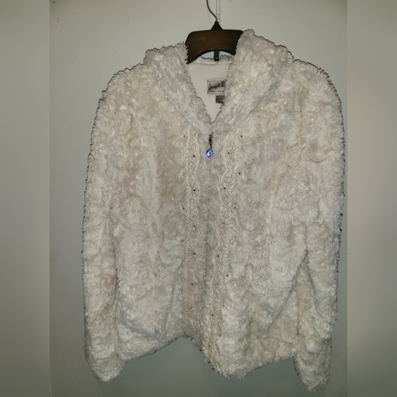 Joseph Ribkoff - lvory Faux Fur Zip-Up Hooded Jacket w/ Front Embellishments - Picture 3 of 11